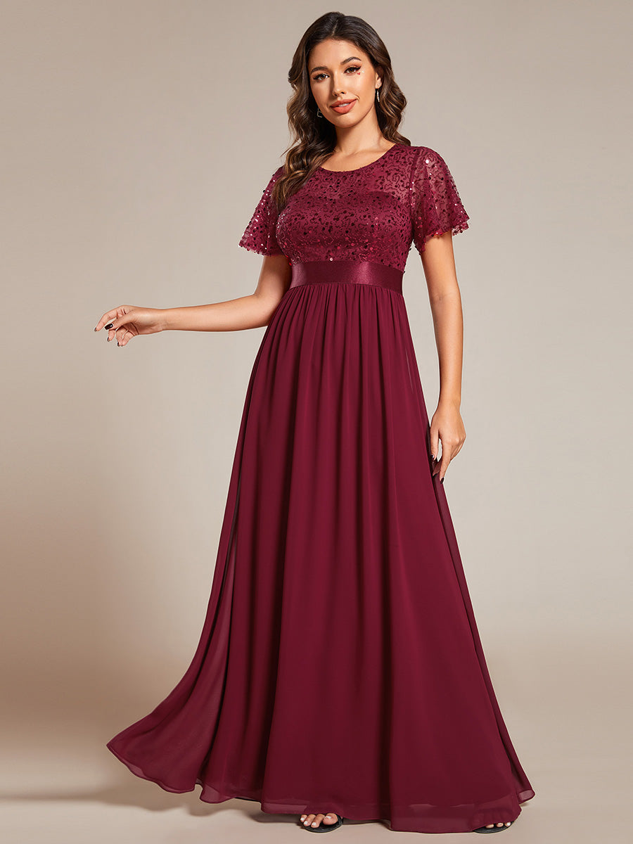 Robe de soirée à manches courtes et col rond à sequins taille haute(Vente finale) #Couleur_Bordeaux