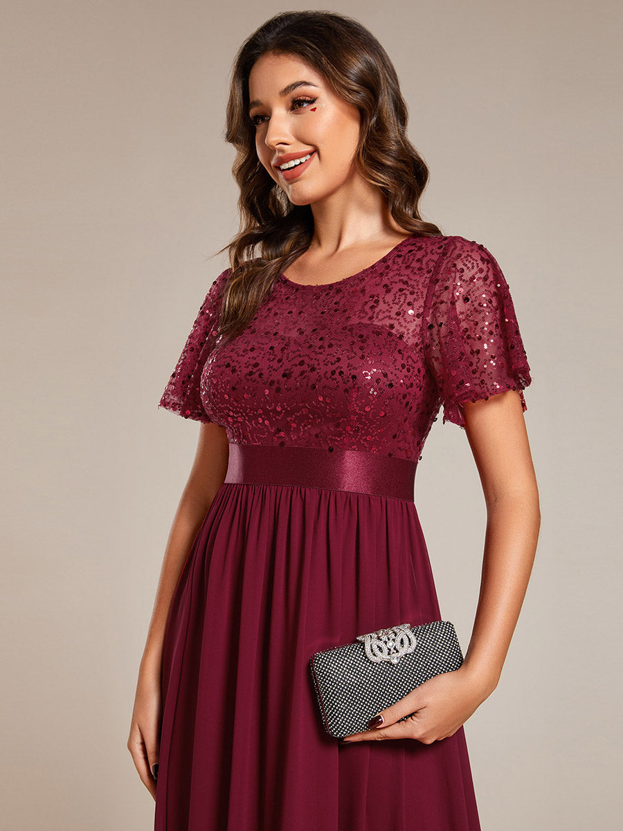 Robe de soirée à manches courtes et col rond à sequins taille haute(Vente finale) #Couleur_Bordeaux