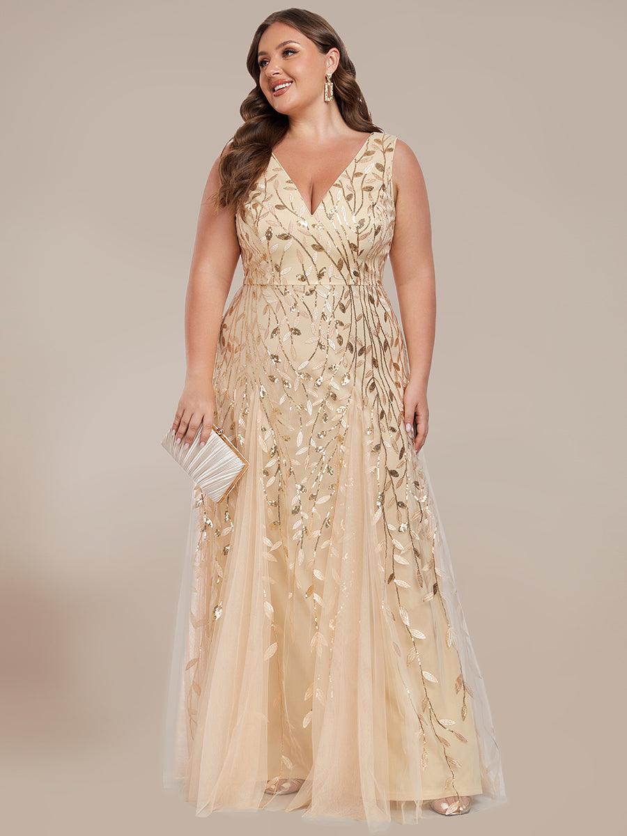 Robes de soirée trapèze pailletées sans manches à col en V #Couleur_Dorée
