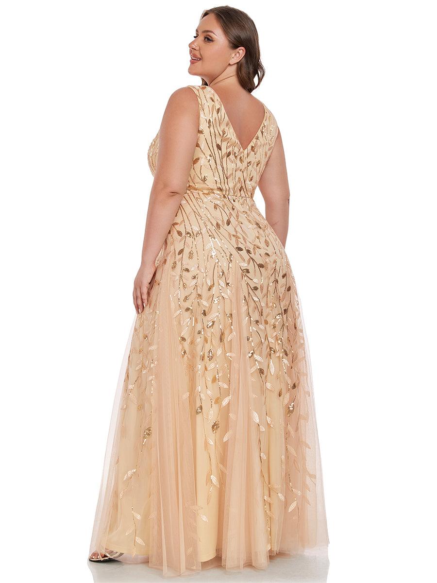 Robes de soirée trapèze pailletées sans manches à col en V #Couleur_Dorée