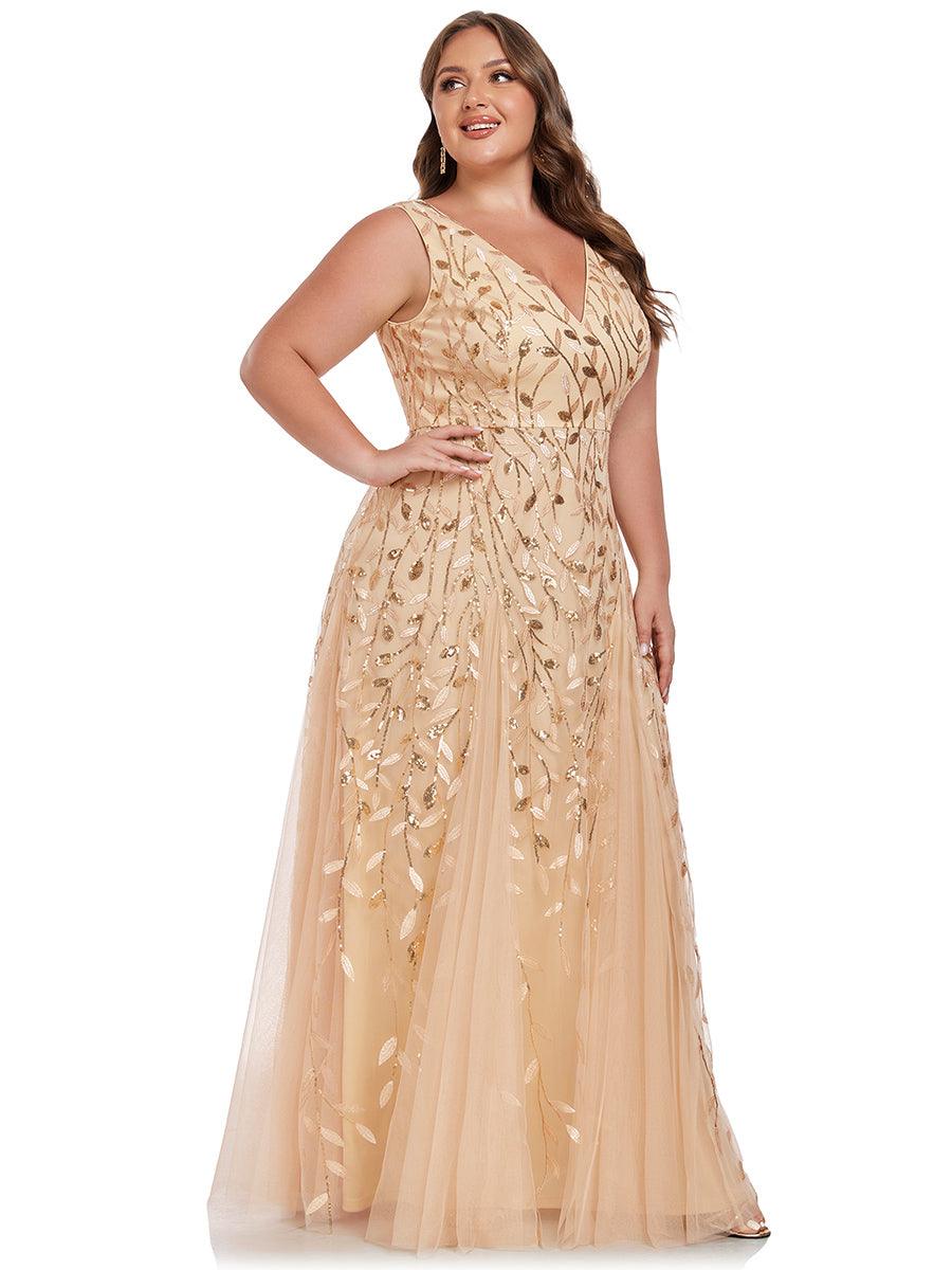 Robes de soirée trapèze pailletées sans manches à col en V #Couleur_Dorée