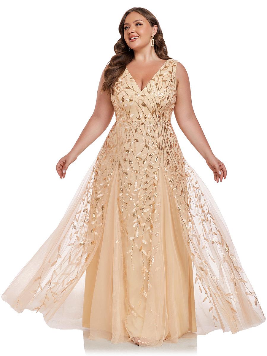 Robes de soirée trapèze pailletées sans manches à col en V #Couleur_Dorée