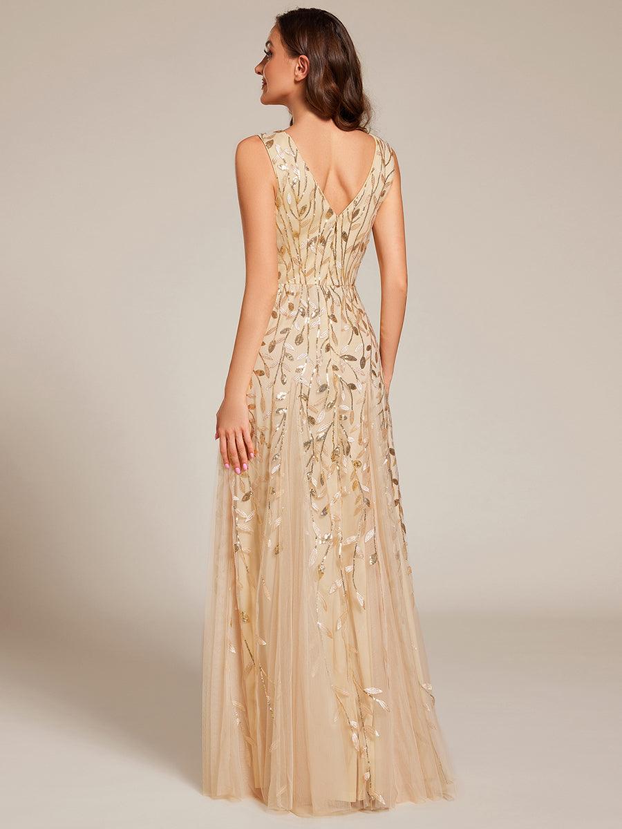 Robes de soirée trapèze pailletées sans manches à col en V #Couleur_Dorée