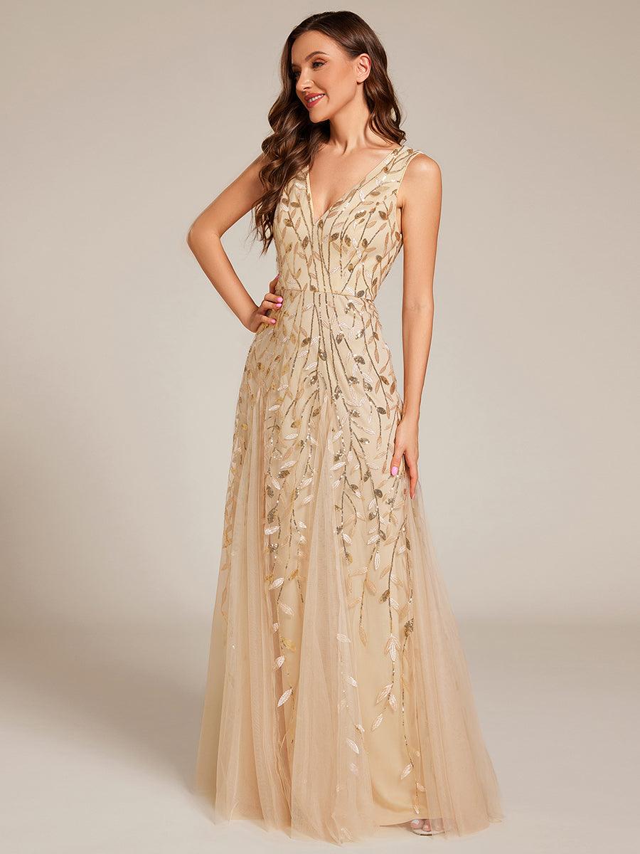 Robes de soirée trapèze pailletées sans manches à col en V #Couleur_Dorée