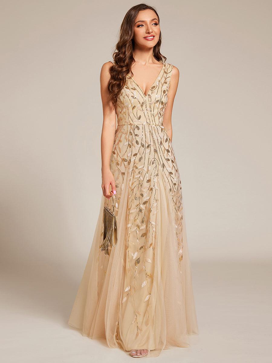 Robes de soirée trapèze pailletées sans manches à col en V #Couleur_Dorée