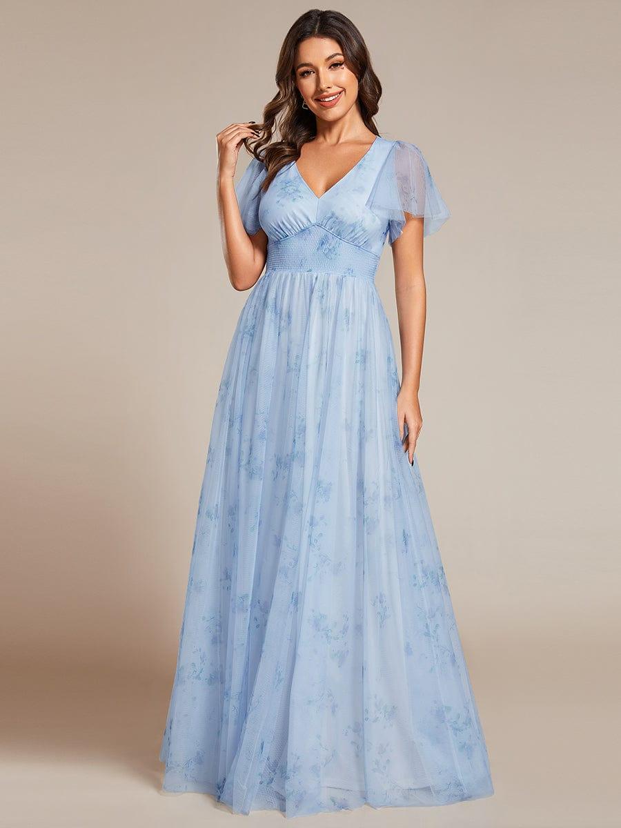 Robe de soirée trapèze en tulle floral col en V manches courtes#Couleur_Bleu Glace