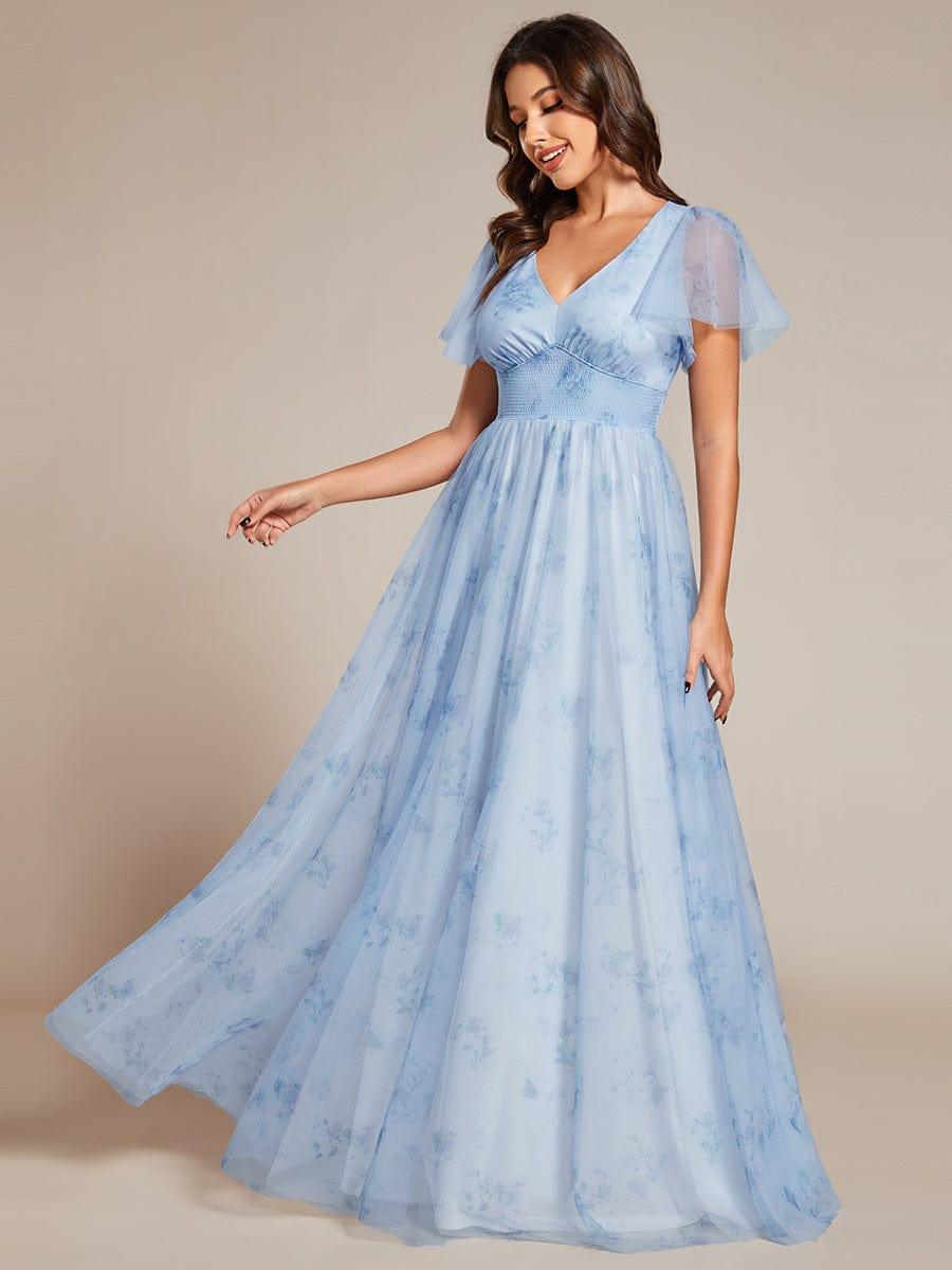 Robe de soirée trapèze en tulle floral col en V manches courtes#Couleur_Bleu Glace