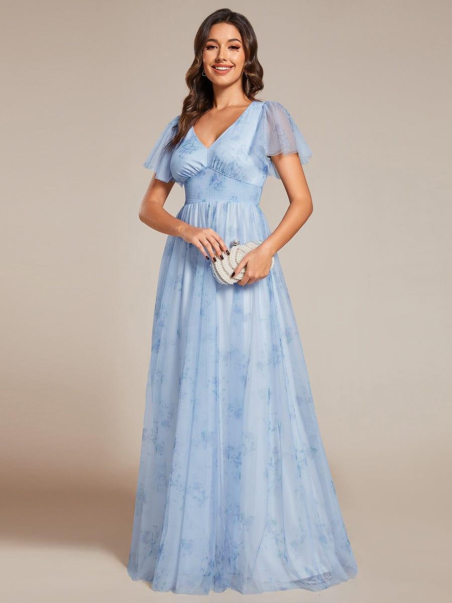 Robe de soirée trapèze en tulle floral col en V manches courtes#Couleur_Bleu Glace