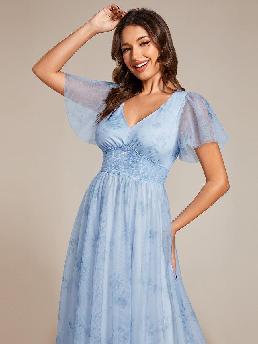 Robe de soirée trapèze en tulle floral col en V manches courtes#Couleur_Bleu Glace