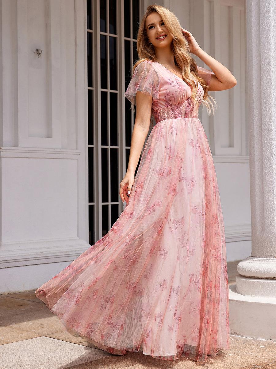 Robe de soirée trapèze en tulle floral col en V manches courtes#Couleur_Rose