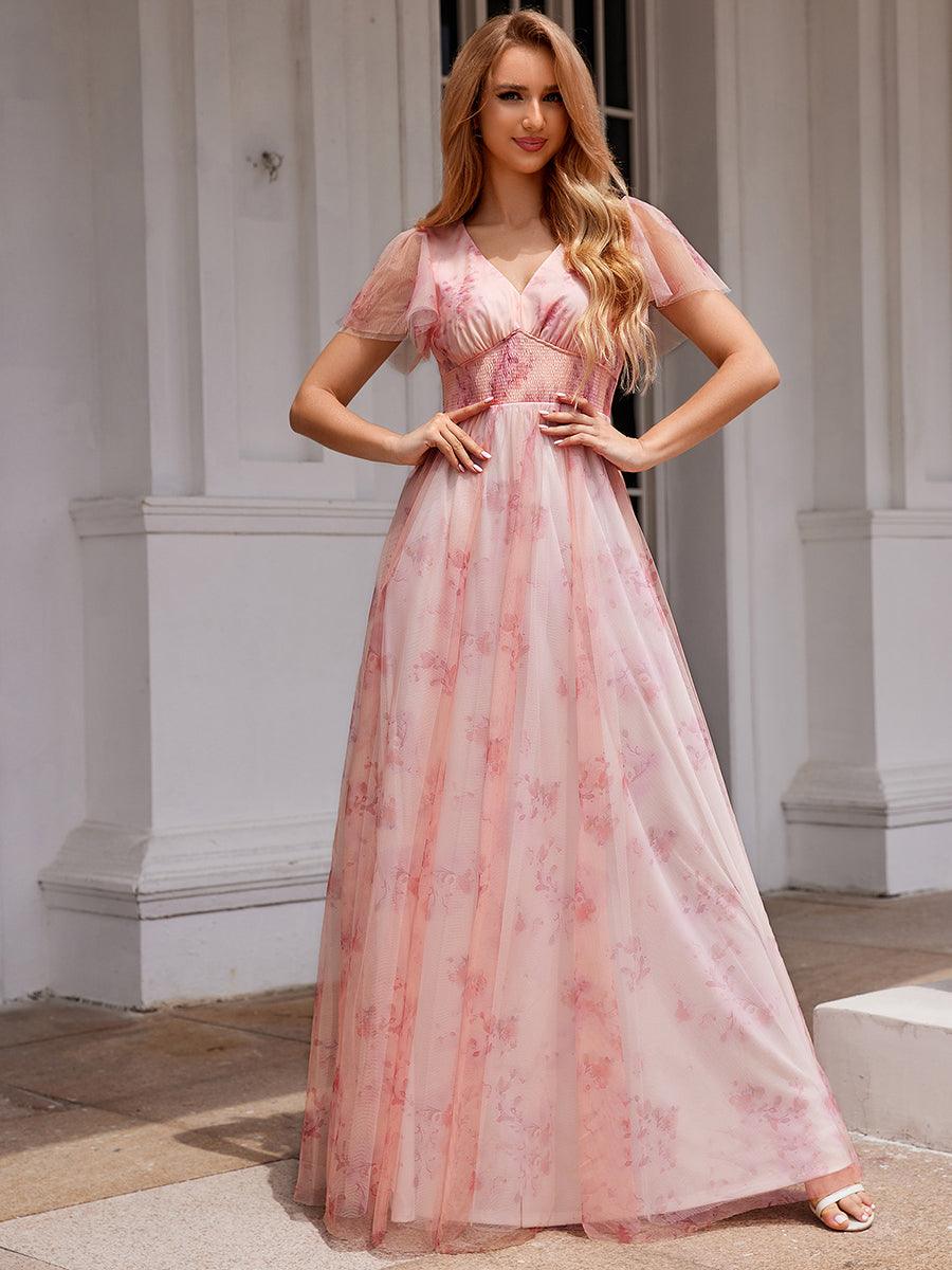 Robe de soirée trapèze en tulle floral col en V manches courtes#Couleur_Rose
