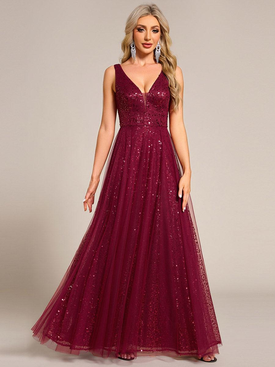 Robe de soirée en tulle transparent sans manches à col en V et paillettes #Couleur_Bordeaux