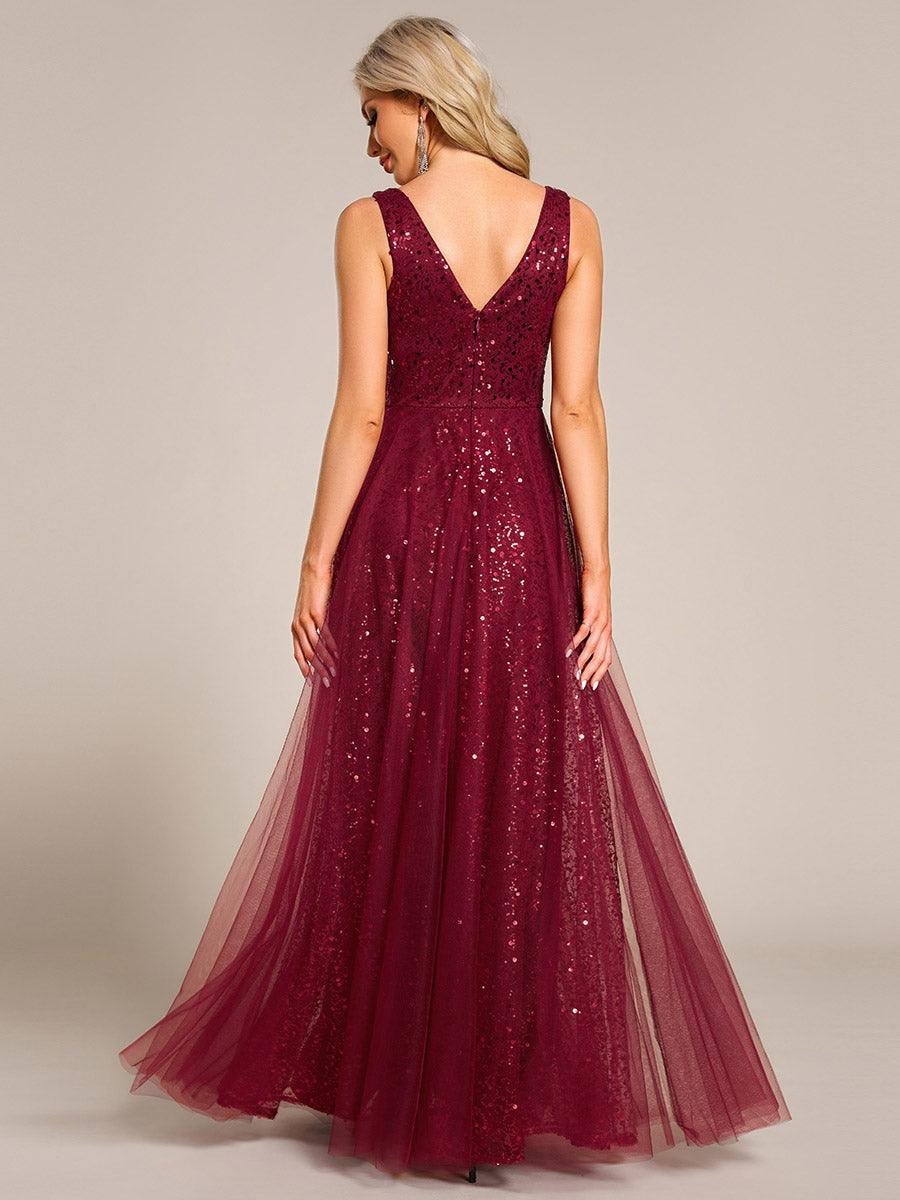 Robe de soirée en tulle transparent sans manches à col en V et paillettes #Couleur_Bordeaux