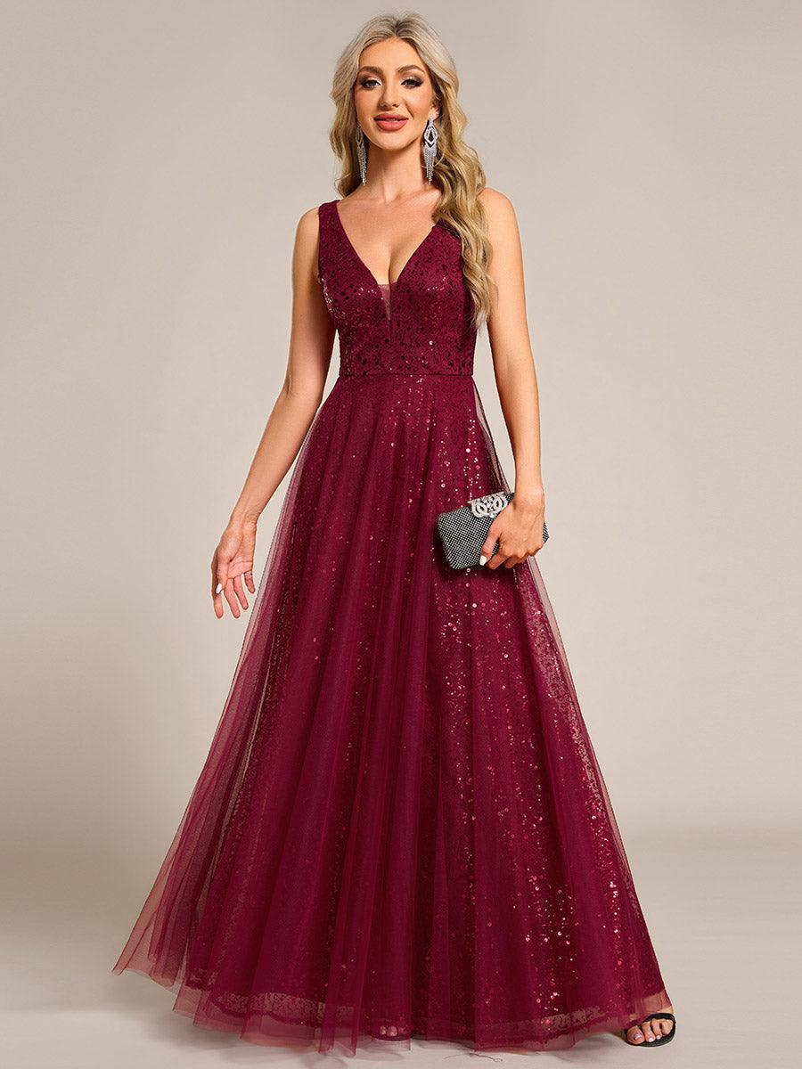 Robe de soirée en tulle transparent sans manches à col en V et paillettes #Couleur_Bordeaux