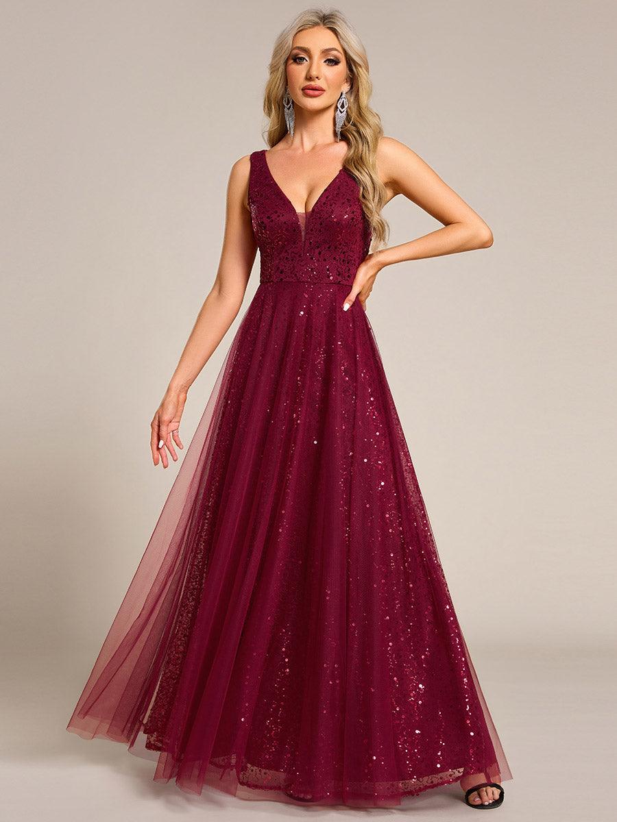 Robe de soirée en tulle transparent sans manches à col en V et paillettes #Couleur_Bordeaux