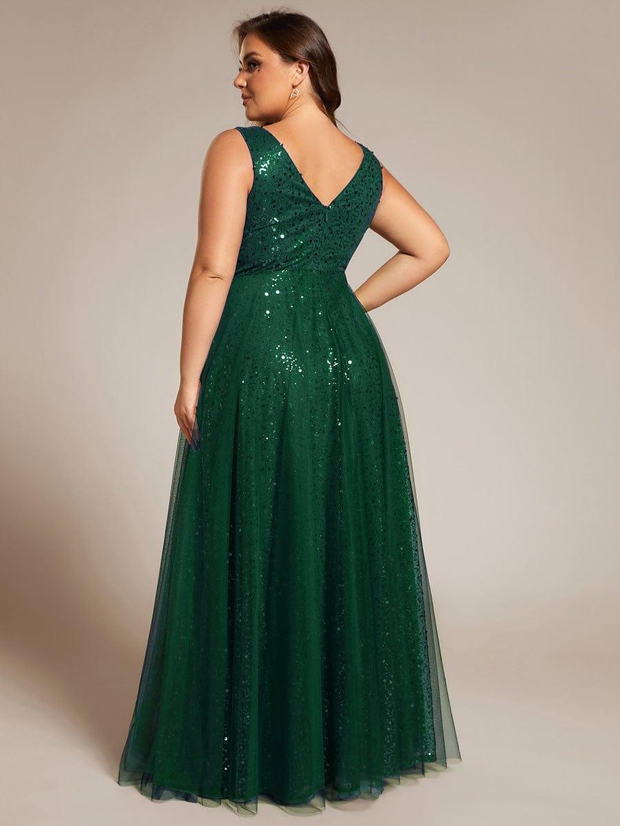 Robe de soirée en tulle transparent sans manches à col en V et paillettes #Couleur_Vert Fonce