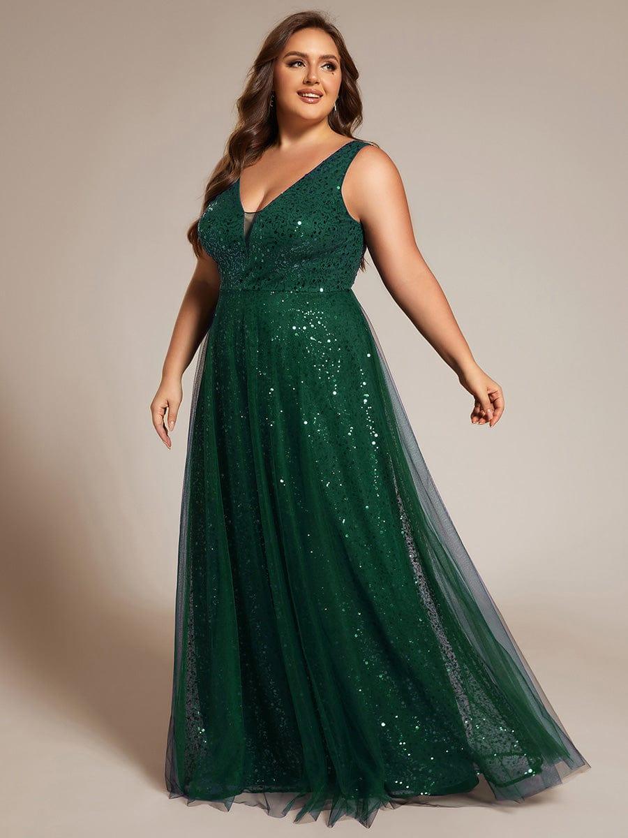 Robe de soirée en tulle transparent sans manches à col en V et paillettes #Couleur_Vert Fonce
