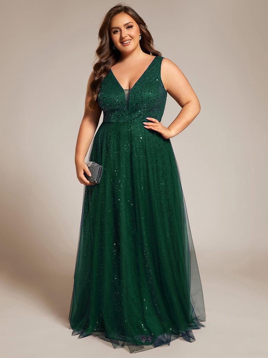 Robe de soirée en tulle transparent sans manches à col en V et paillettes #Couleur_Vert Fonce