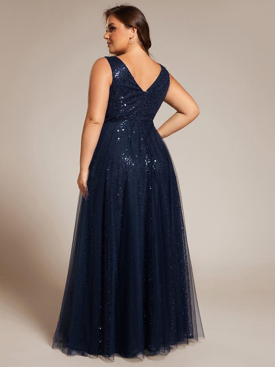 Robe de soirée en tulle transparent sans manches à col en V et paillettes #Couleur_Bleu Marine