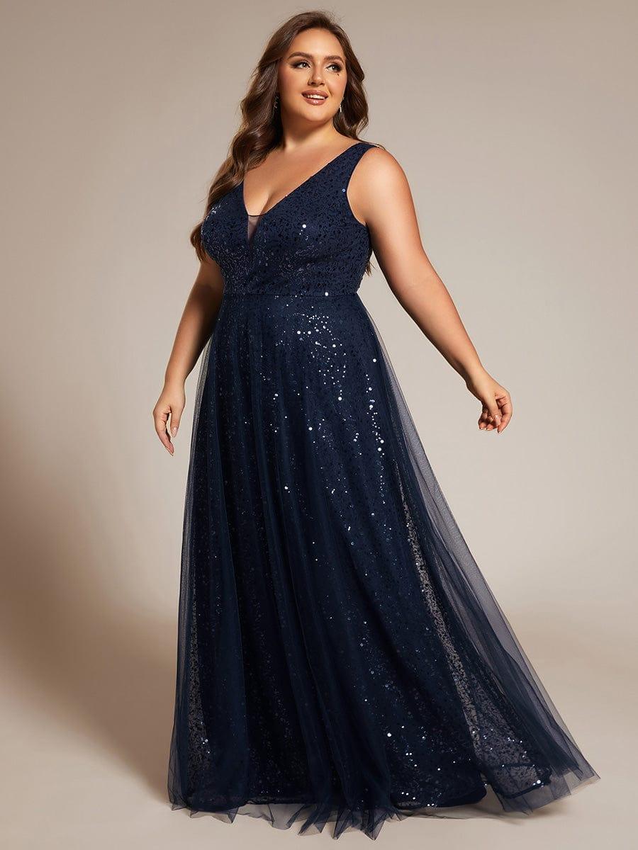Robe de soirée en tulle transparent sans manches à col en V et paillettes #Couleur_Bleu Marine