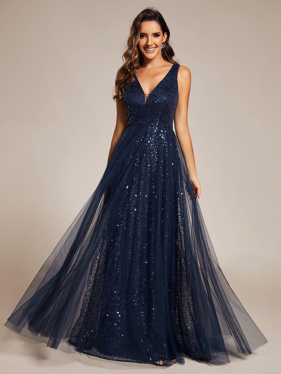 Robe de soirée en tulle transparent sans manches à col en V et paillettes #Couleur_Bleu Marine