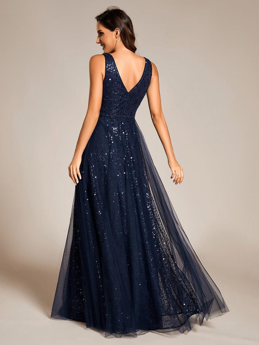 Robe de soirée en tulle transparent sans manches à col en V et paillettes #Couleur_Bleu Marine