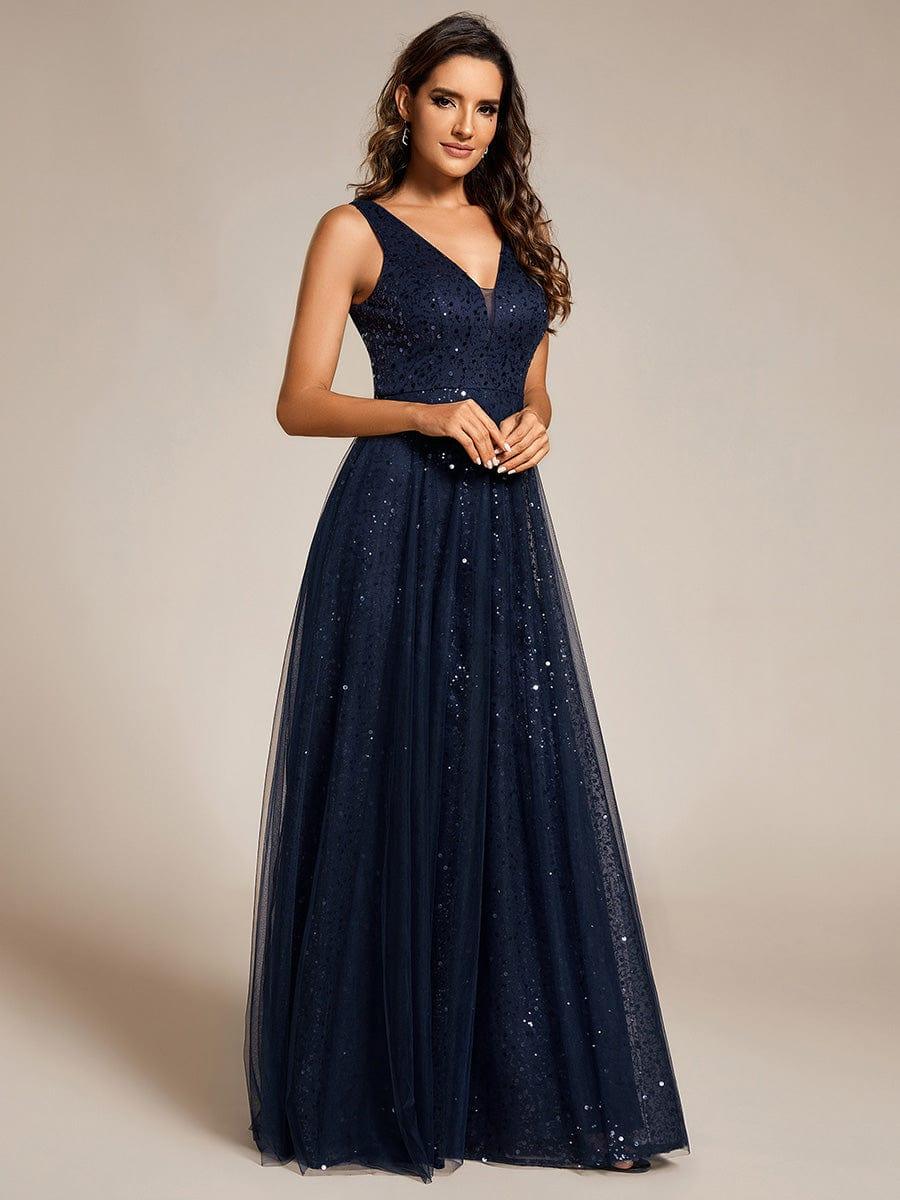 Robe de soirée en tulle transparent sans manches à col en V et paillettes #Couleur_Bleu Marine