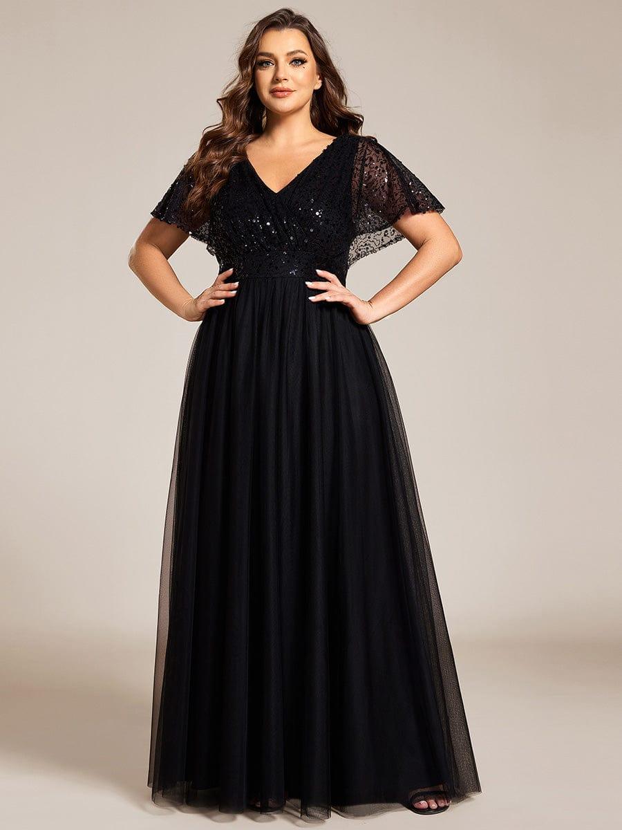 Robe de soirée formelle en tulle à sequins scintillants et col en V #Couleur_Noir