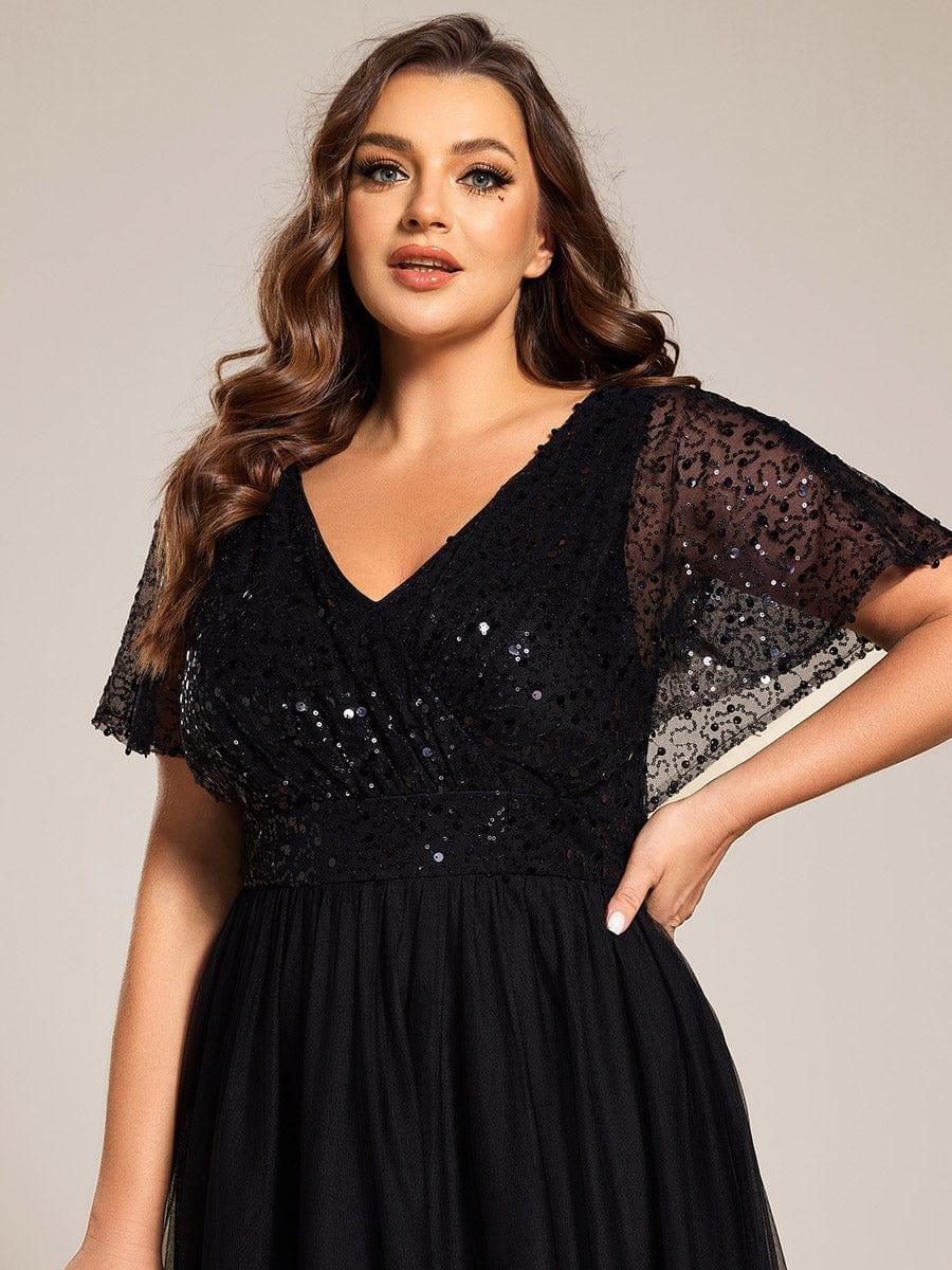 Robe de soirée formelle en tulle à sequins scintillants et col en V #Couleur_Noir