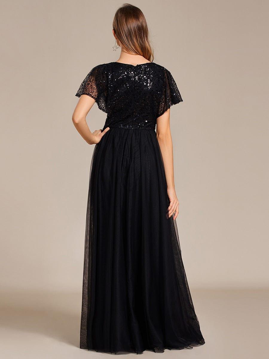 Robe de soirée formelle en tulle à sequins scintillants et col en V #Couleur_Noir