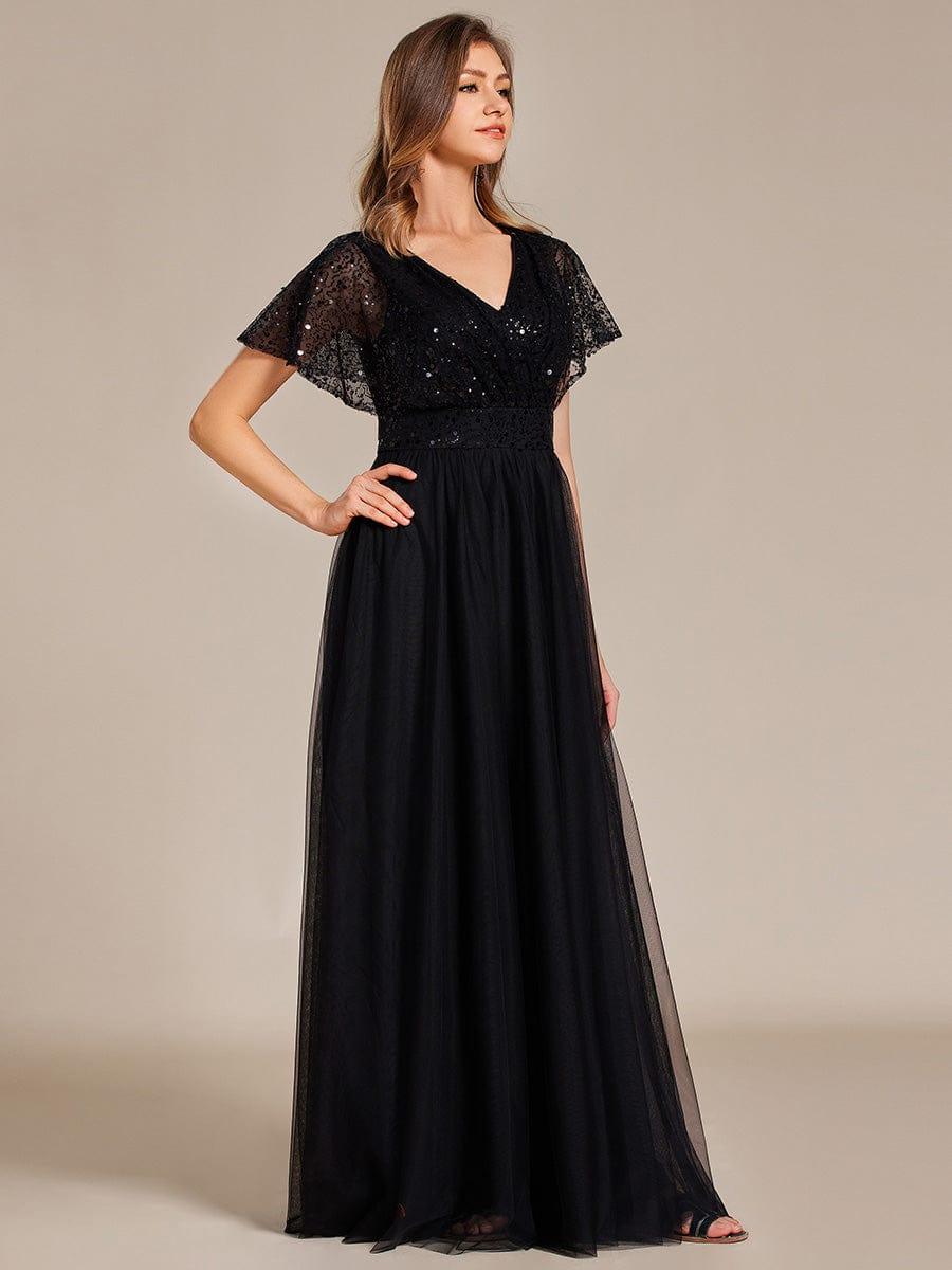 Robe de soirée formelle en tulle à sequins scintillants et col en V #Couleur_Noir