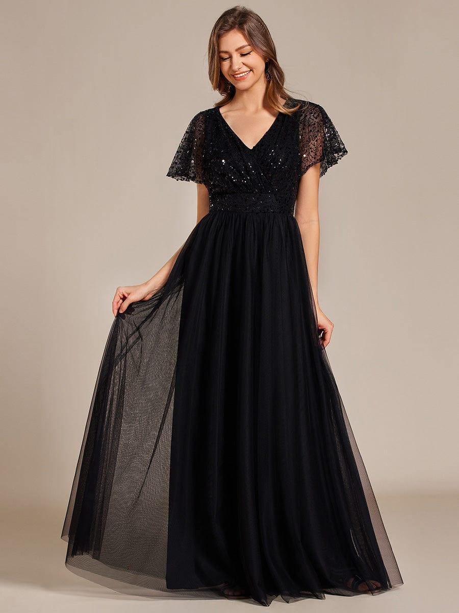 Robe de soirée formelle en tulle à sequins scintillants et col en V #Couleur_Noir