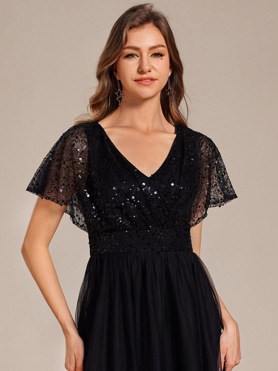 Robe de soirée formelle en tulle à sequins scintillants et col en V #Couleur_Noir