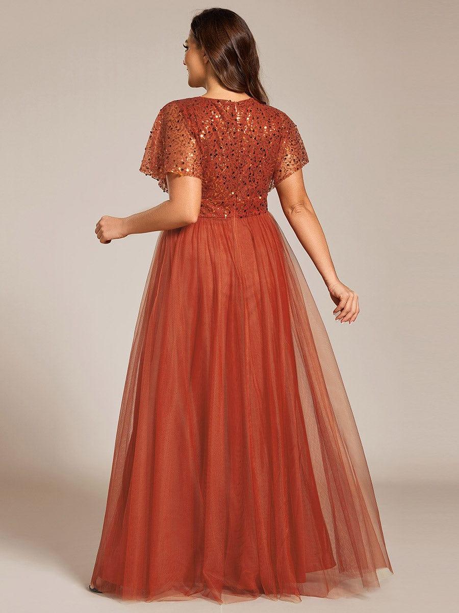 Robe de soirée formelle en tulle à sequins scintillants et col en V #Couleur_Burnt Orange