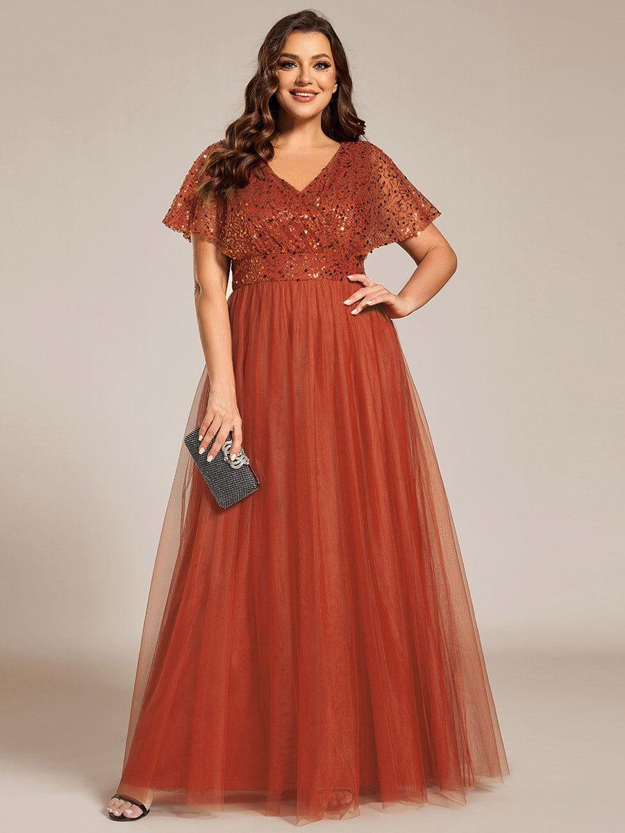 Robe de soirée formelle en tulle à sequins scintillants et col en V #Couleur_Burnt Orange
