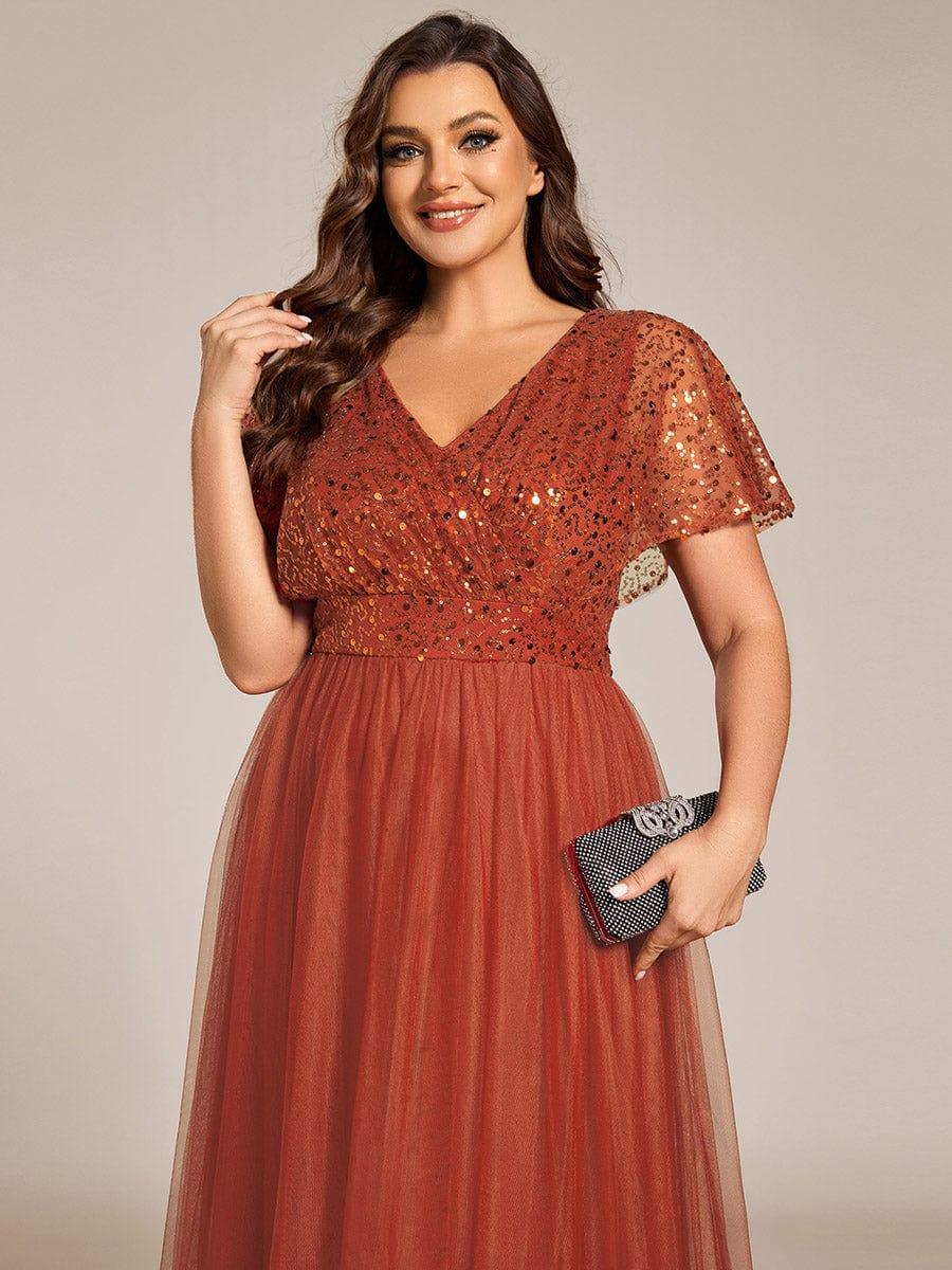 Robe de soirée formelle en tulle à sequins scintillants et col en V #Couleur_Burnt Orange