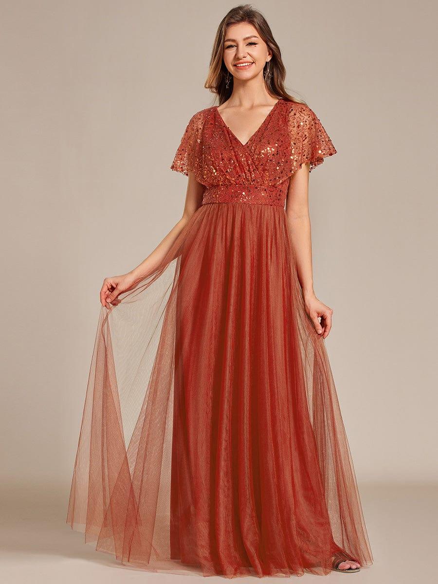 Robe de soirée formelle en tulle à sequins scintillants et col en V #Couleur_Burnt Orange