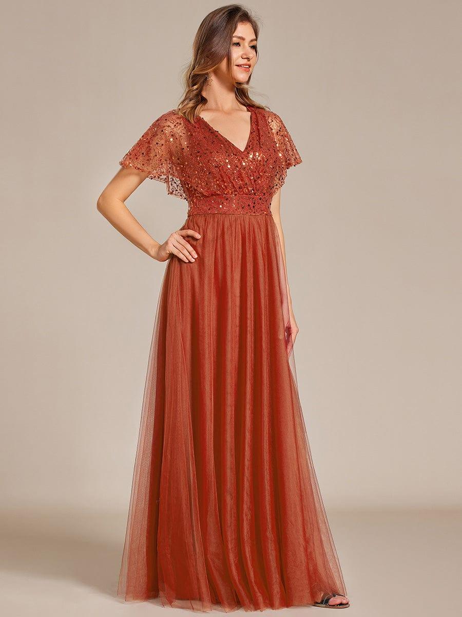 Robe de soirée formelle en tulle à sequins scintillants et col en V #Couleur_Burnt Orange