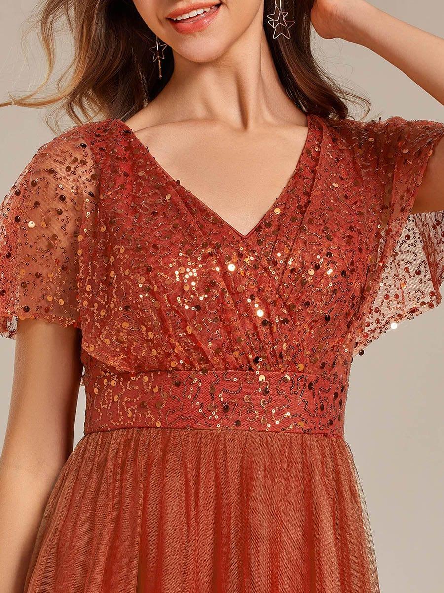 Robe de soirée formelle en tulle à sequins scintillants et col en V #Couleur_Burnt Orange