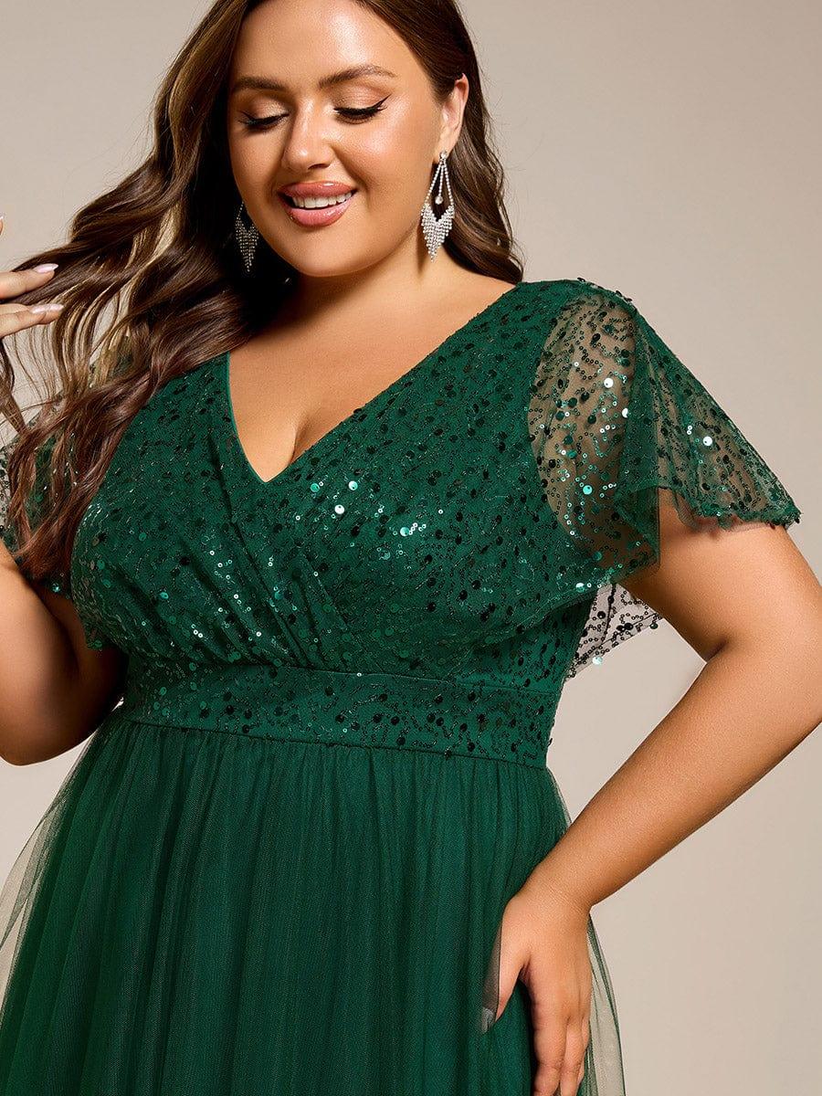 Robe de soirée formelle à paillettes manches courtes col en V grande taille #Couleur_Vert Fonce