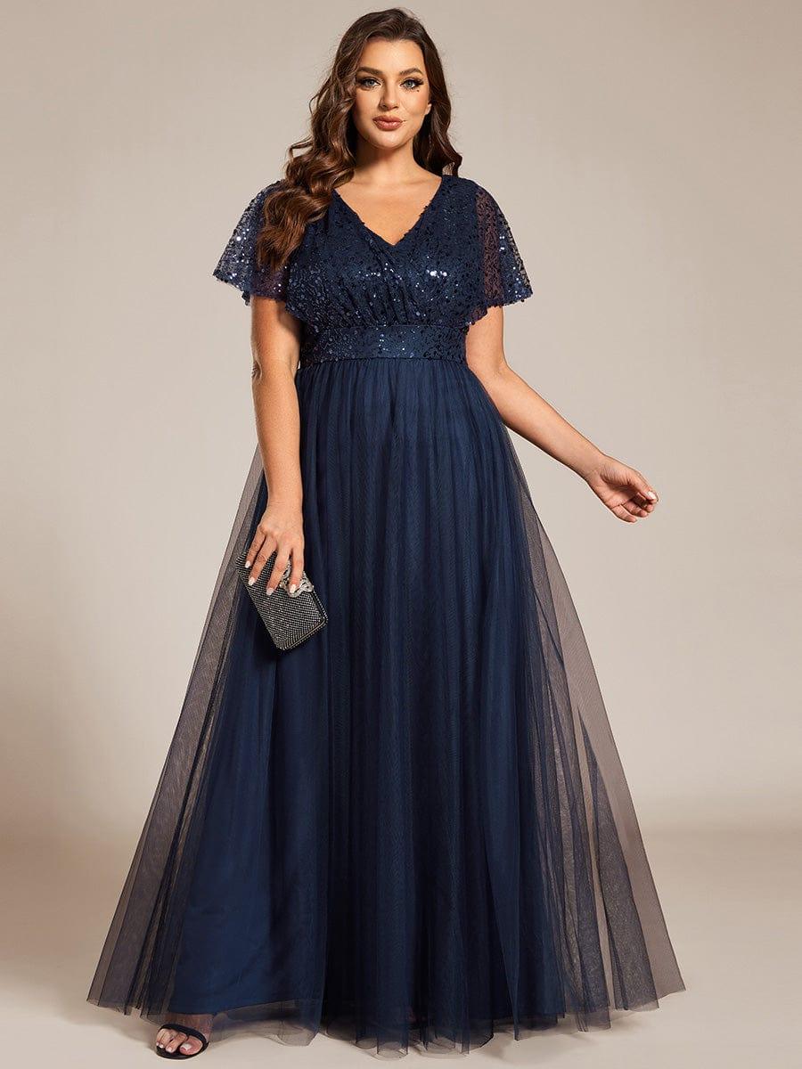 Robe de soirée formelle en tulle à sequins scintillants et col en V #Couleur_Bleu Marine