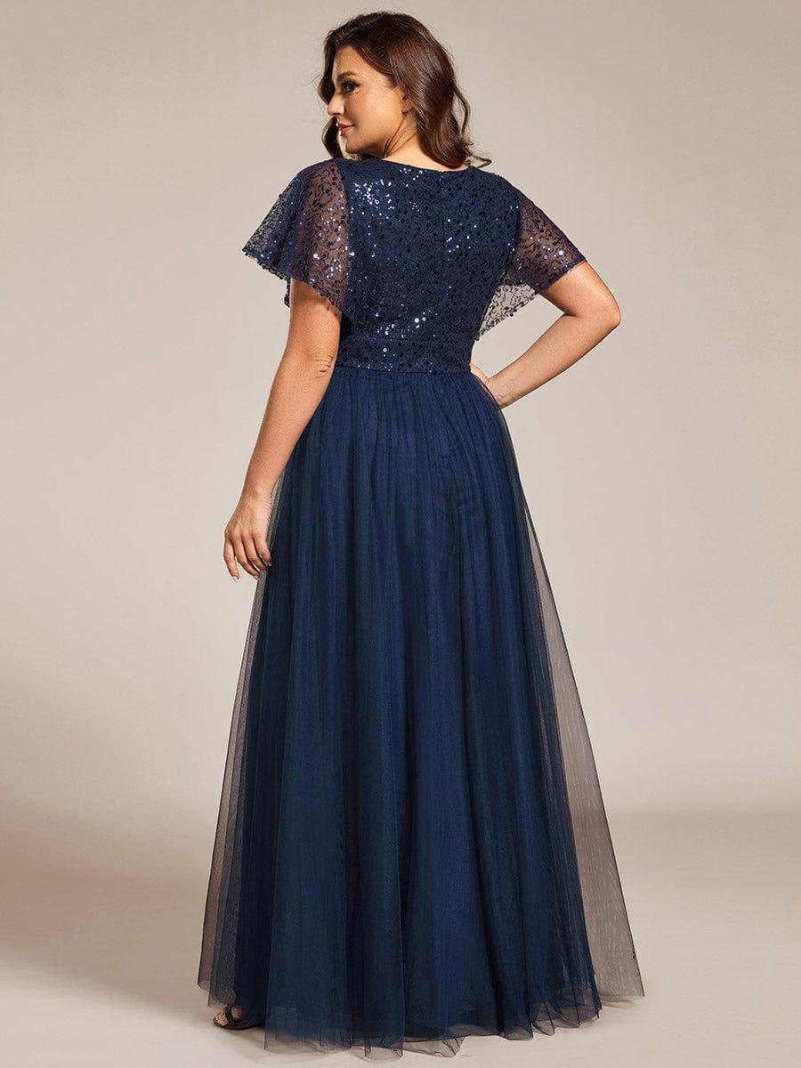 Robe de soirée formelle en tulle à sequins scintillants et col en V #Couleur_Bleu Marine