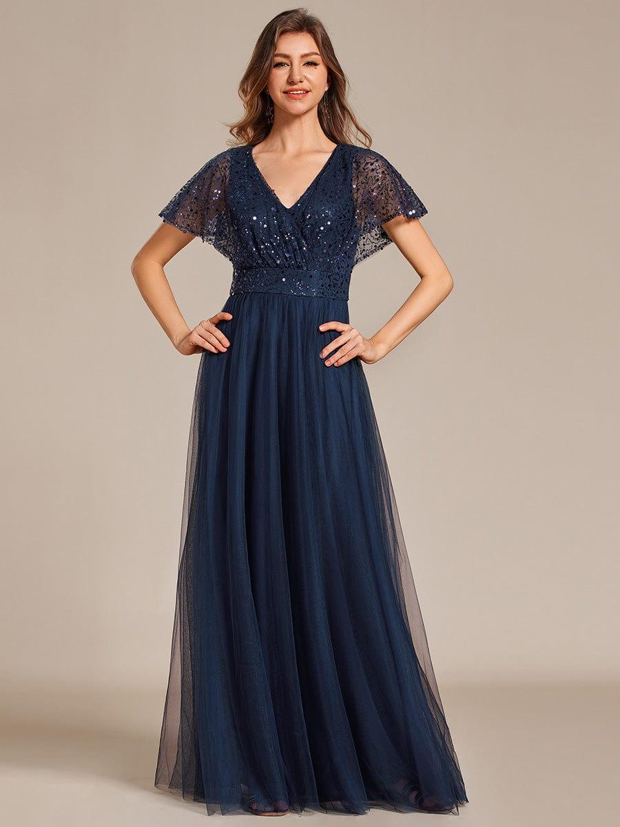 Robe de soirée formelle en tulle à sequins scintillants et col en V #Couleur_Bleu Marine