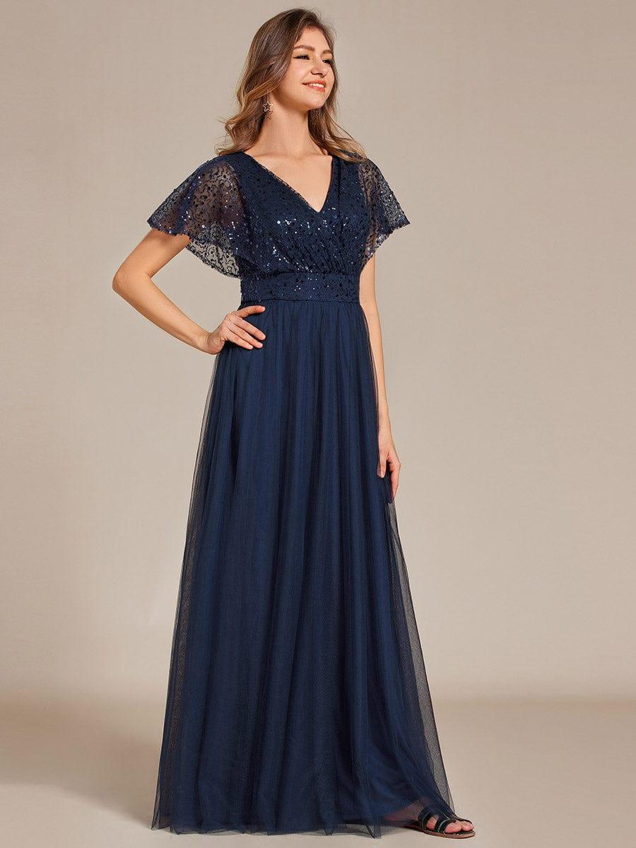 Robe de soirée formelle en tulle à sequins scintillants et col en V #Couleur_Bleu Marine