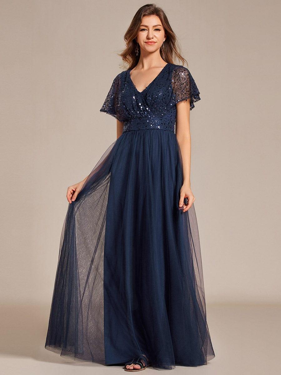 Robe de soirée formelle en tulle à sequins scintillants et col en V #Couleur_Bleu Marine
