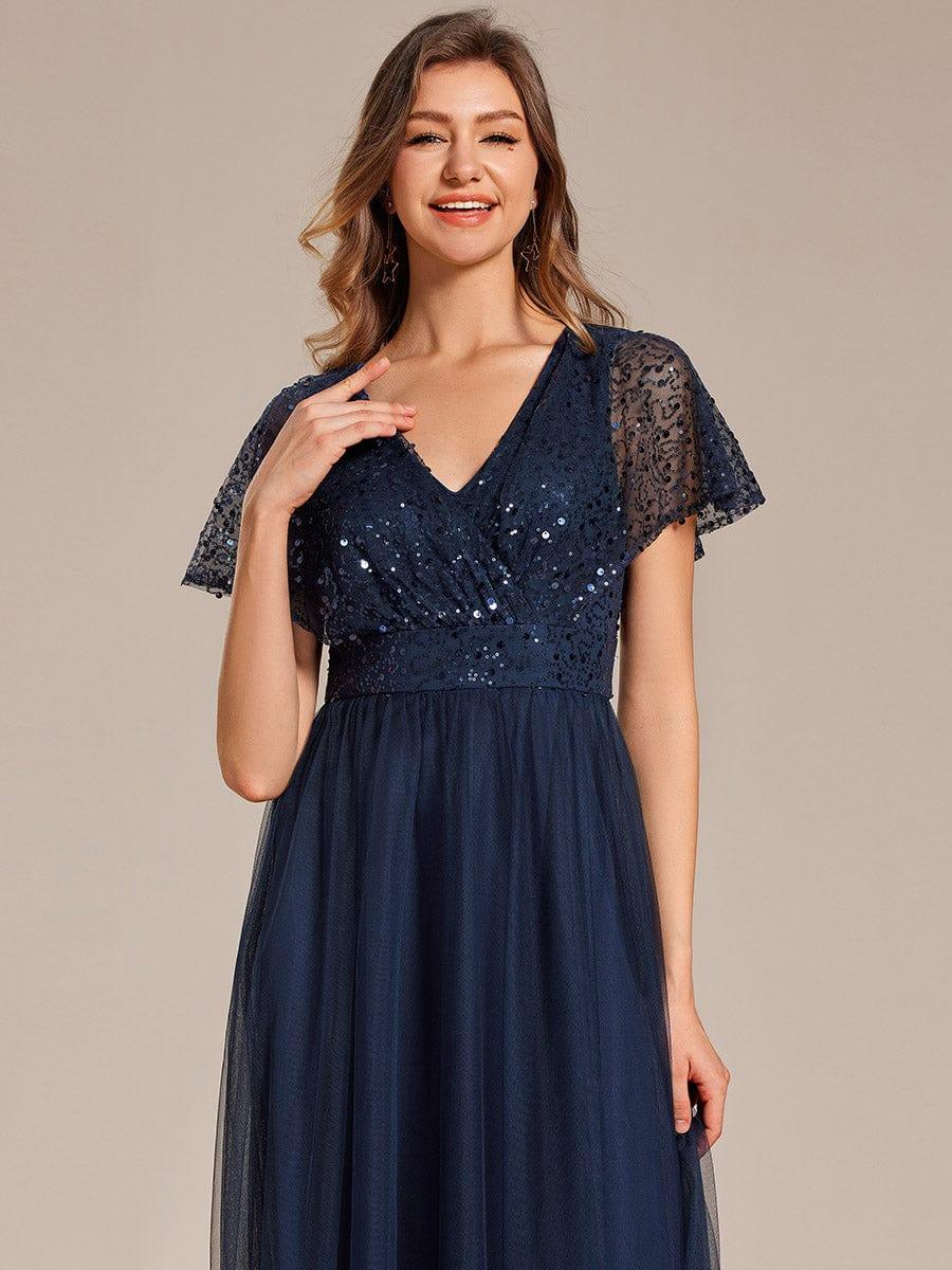 Robe de soirée formelle en tulle à sequins scintillants et col en V #Couleur_Bleu Marine