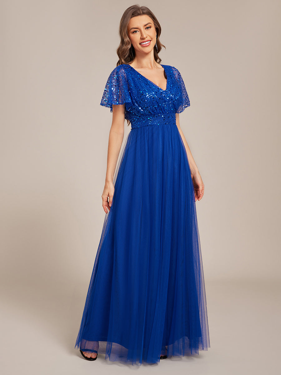 Robe de soirée formelle en tulle à sequins scintillants et col en V #Couleur_Bleu Saphir