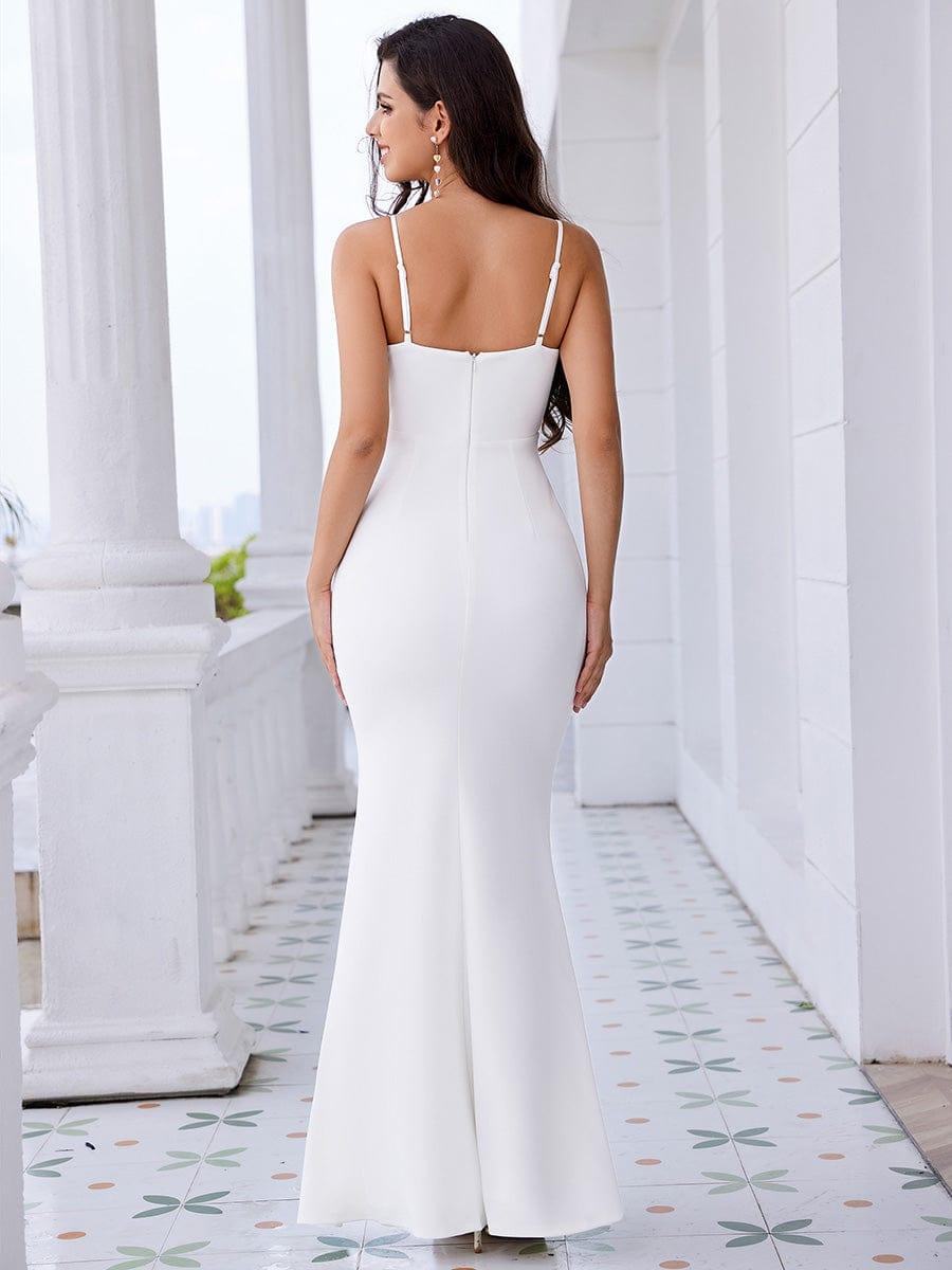 Robe de soirée élégante moulante à bretelles spaghetti et perles #Couleur_Blanc