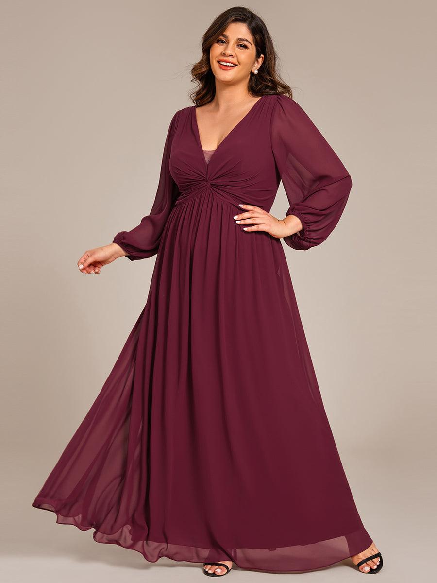 Robe de soirée formelle en mousseline de soie à manches longues et coupe trapèze grande taille #Couleur_Bordeaux