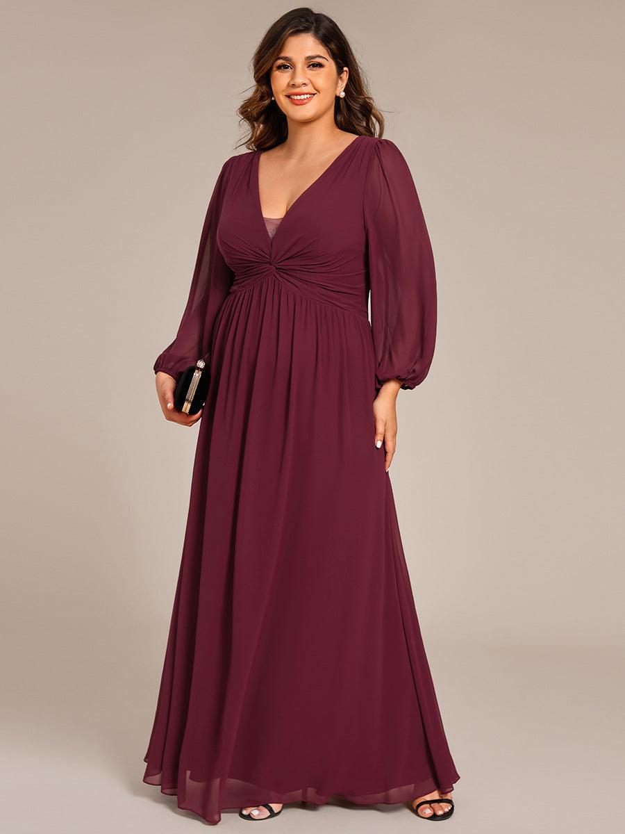 Robe de soirée formelle en mousseline de soie à manches longues et coupe trapèze grande taille #Couleur_Bordeaux
